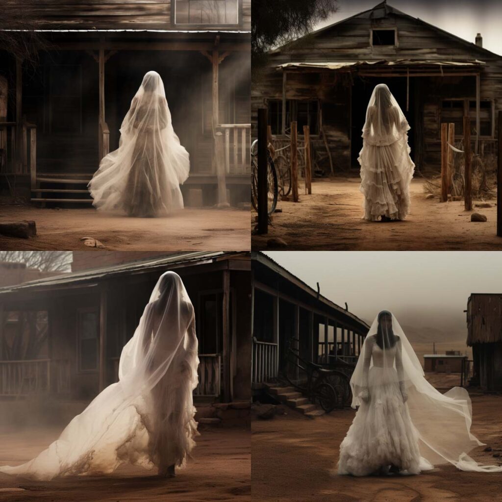 A series of four images of The Lady in White ghost.